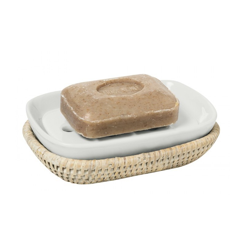 Porte savon "Alzéa" rotin blanc cérusé Pagan